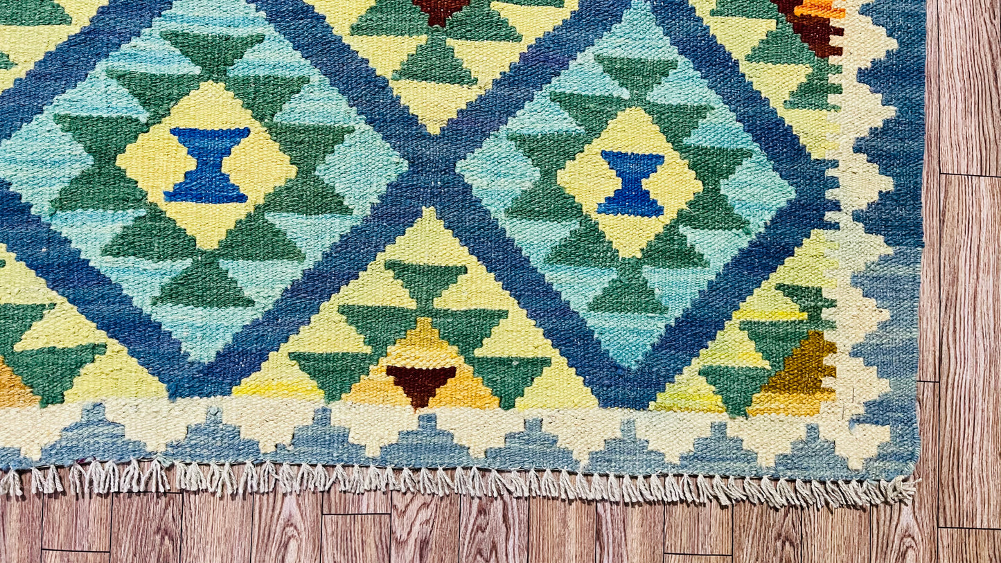 Colorful, Handwoven, Fine Afghan Maimana Kilim - Reversible Area Rug - 6’ 7’’ x 4’ 12’’