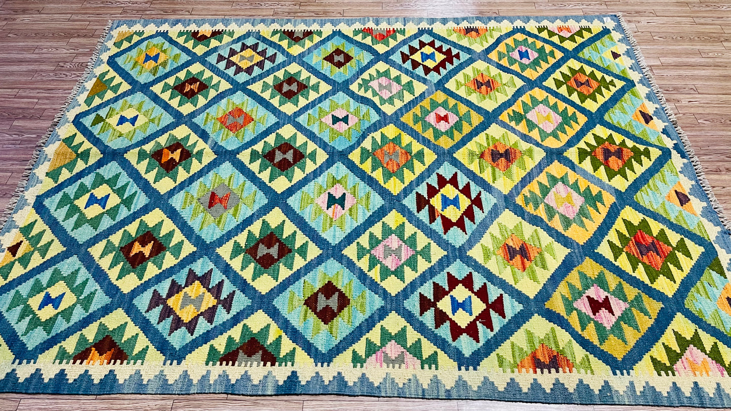 Colorful, Handwoven, Fine Afghan Maimana Kilim - Reversible Area Rug - 6’ 7’’ x 4’ 12’’