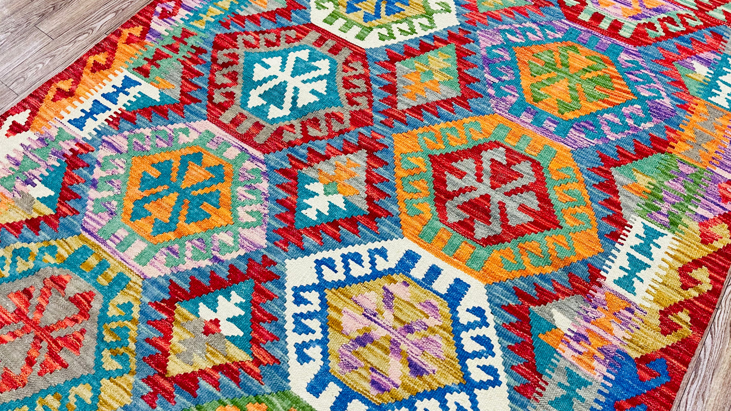 Colorful, Handwoven, Fine Afghan Maimana Kilim - Reversible Area Rug - 5’ 0’’ x 3’ 3’’