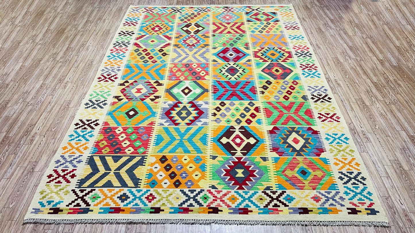 Colorful, Handwoven, Fine Afghan Maimana Kilim - Reversible Area Rug -  9’ 9’’ x 6’ 7’’