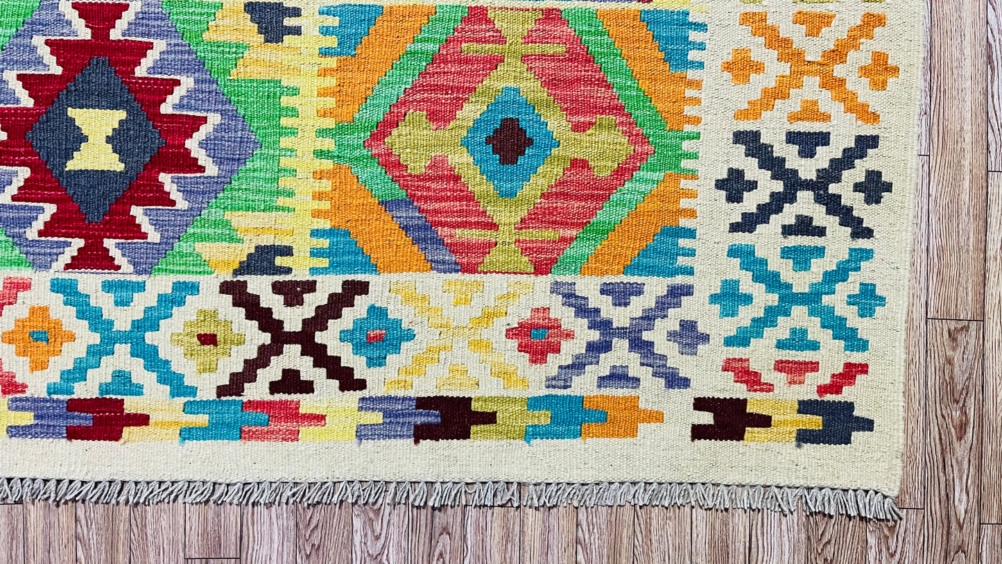 Colorful, Handwoven, Fine Afghan Maimana Kilim - Reversible Area Rug -  9’ 9’’ x 6’ 7’’