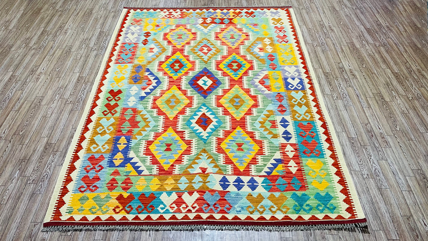 Colorful, Handwoven, Fine Afghan Maimana Kilim - Reversible Area Rug - 7’ 3’’ x 5’ 2’’