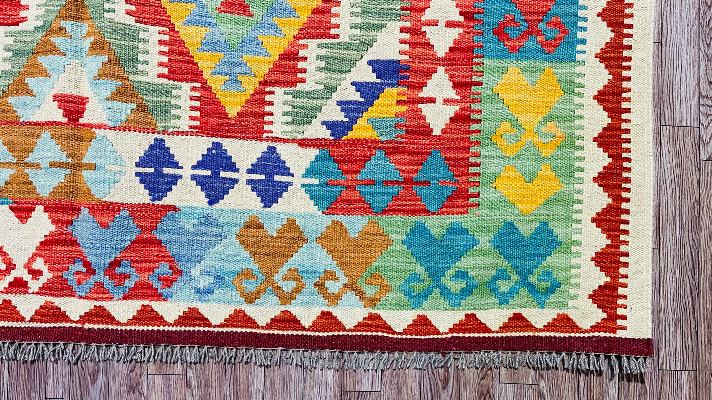 Colorful, Handwoven, Fine Afghan Maimana Kilim - Reversible Area Rug - 7’ 3’’ x 5’ 2’’