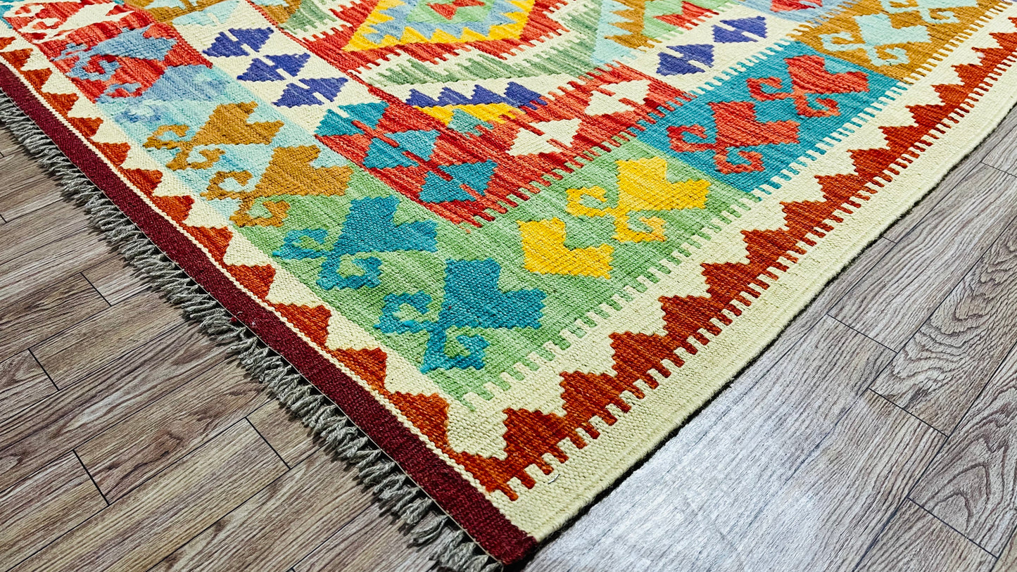 Colorful, Handwoven, Fine Afghan Maimana Kilim - Reversible Area Rug - 7’ 3’’ x 5’ 2’’