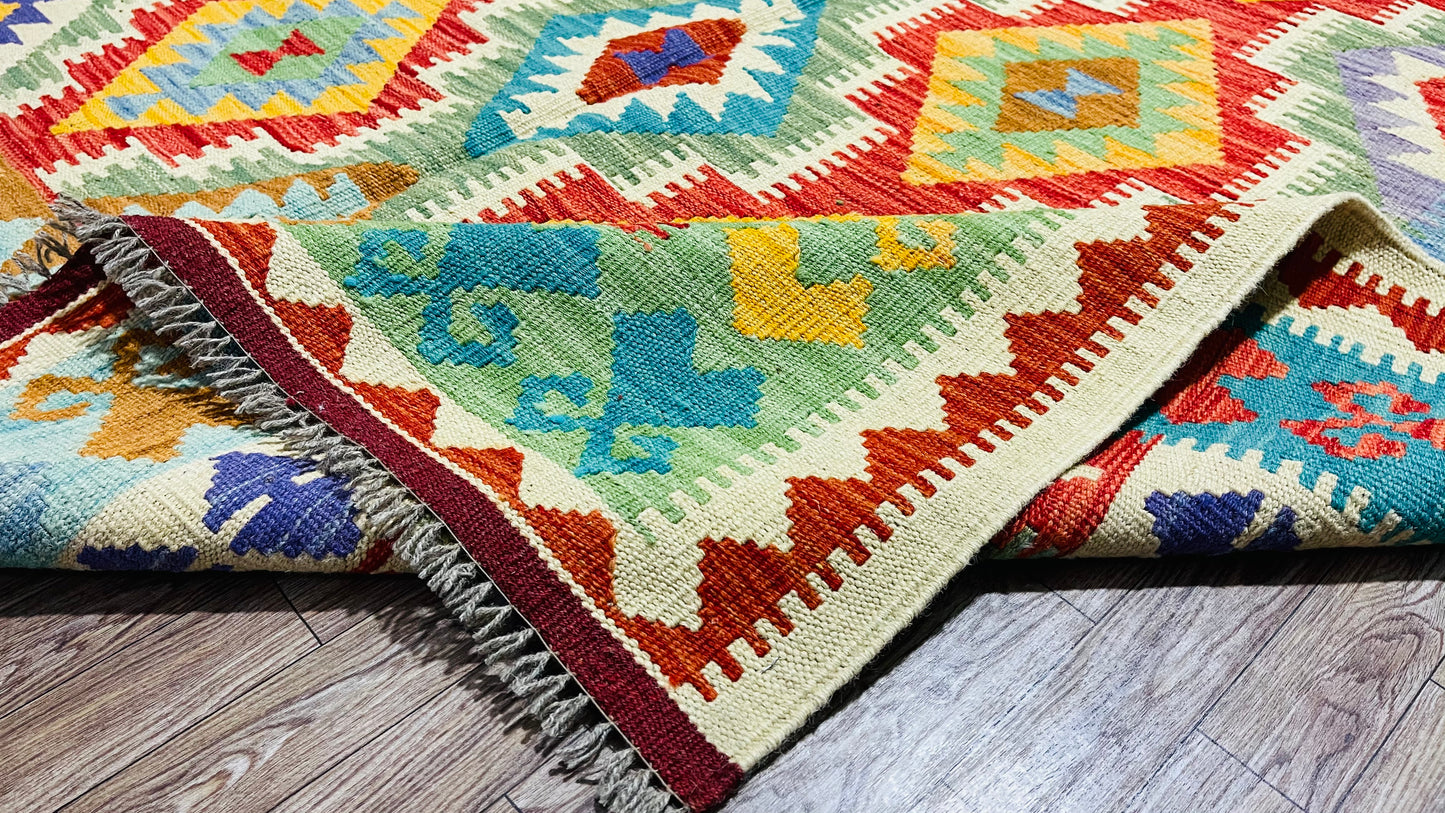 Colorful, Handwoven, Fine Afghan Maimana Kilim - Reversible Area Rug - 7’ 3’’ x 5’ 2’’