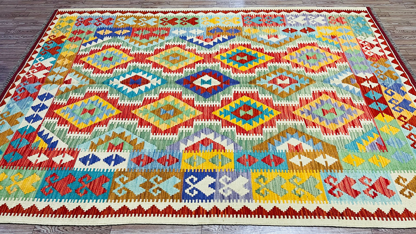 Colorful, Handwoven, Fine Afghan Maimana Kilim - Reversible Area Rug - 7’ 3’’ x 5’ 2’’