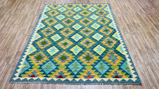 Colorful, Handwoven, Fine Afghan Maimana Kilim - Reversible Area Rug - 6’ 2’’ x 4’ 12’’