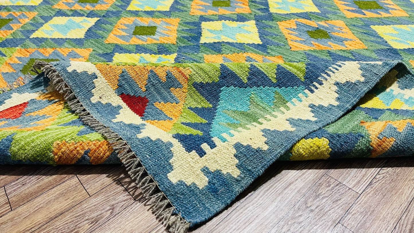 Colorful, Handwoven, Fine Afghan Maimana Kilim - Reversible Area Rug - 6’ 2’’ x 4’ 12’’