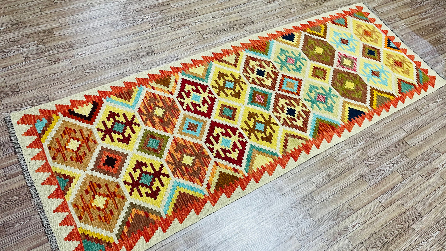 Colorful, Handwoven, Fine Afghan Maimana Kilim - Reversible Runner Rug - 6’ 11’’ x 2’ 5’’