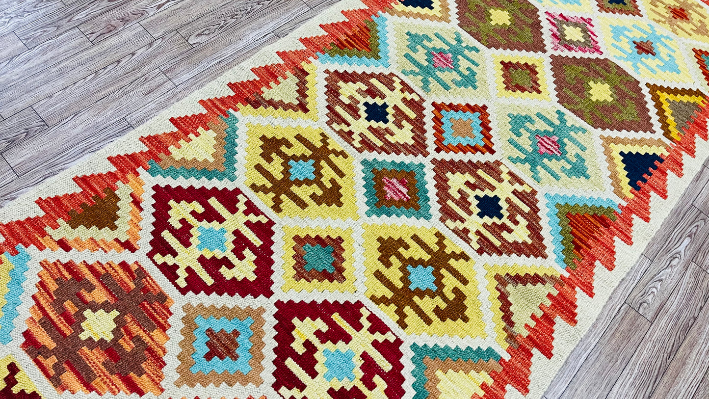 Colorful, Handwoven, Fine Afghan Maimana Kilim - Reversible Runner Rug - 6’ 11’’ x 2’ 5’’