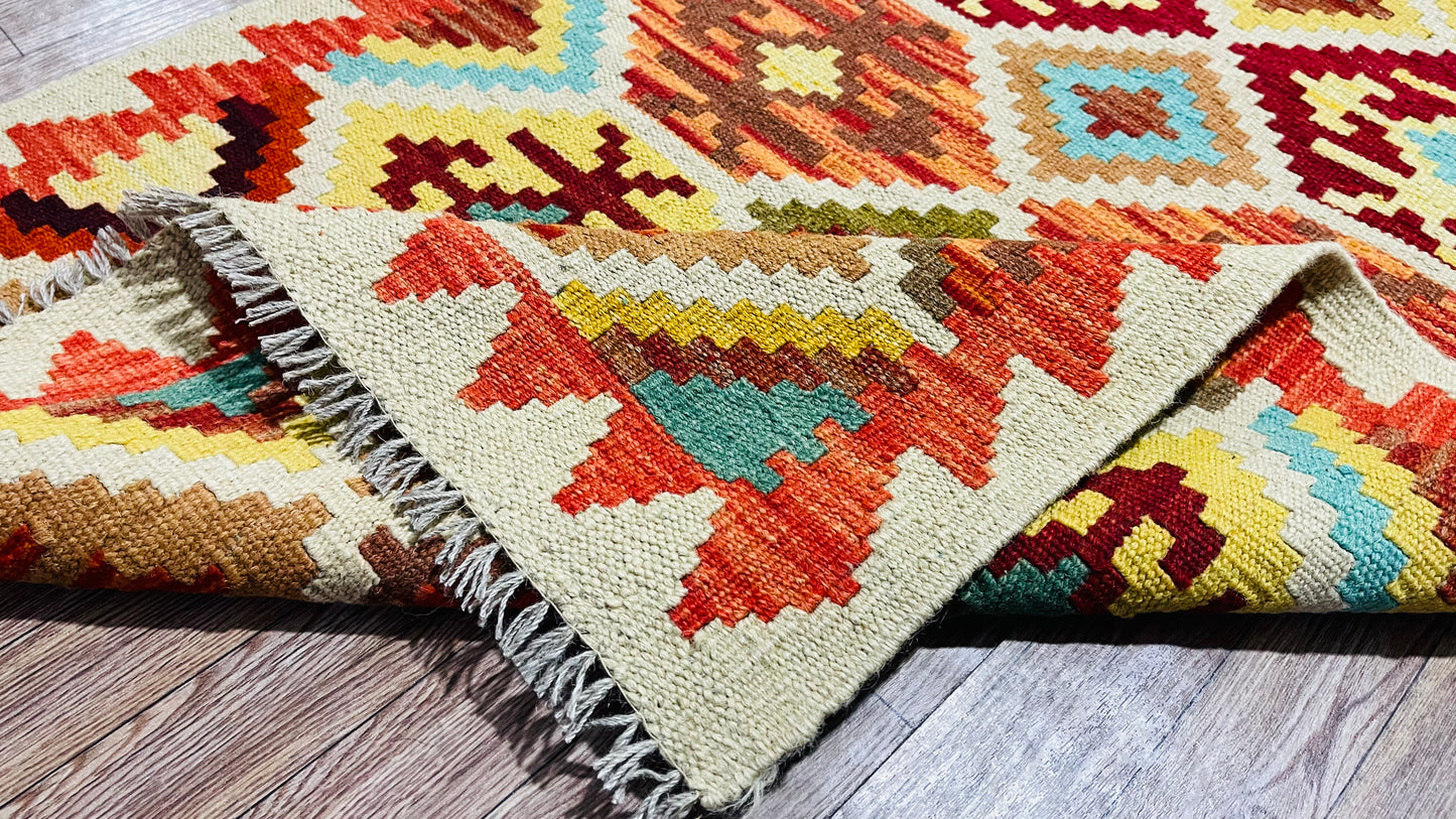 Colorful, Handwoven, Fine Afghan Maimana Kilim - Reversible Runner Rug - 6’ 11’’ x 2’ 5’’