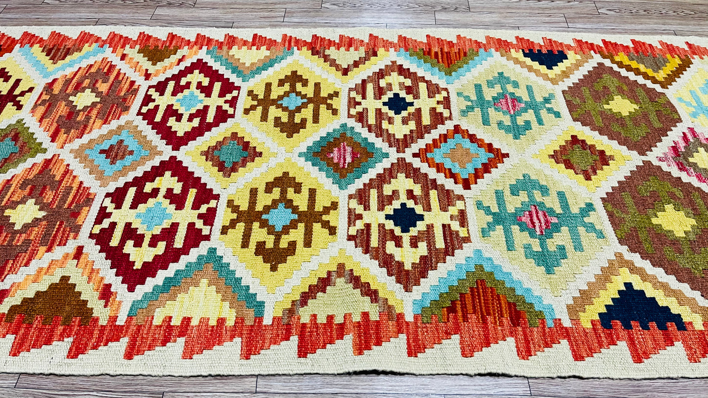 Colorful, Handwoven, Fine Afghan Maimana Kilim - Reversible Runner Rug - 6’ 11’’ x 2’ 5’’