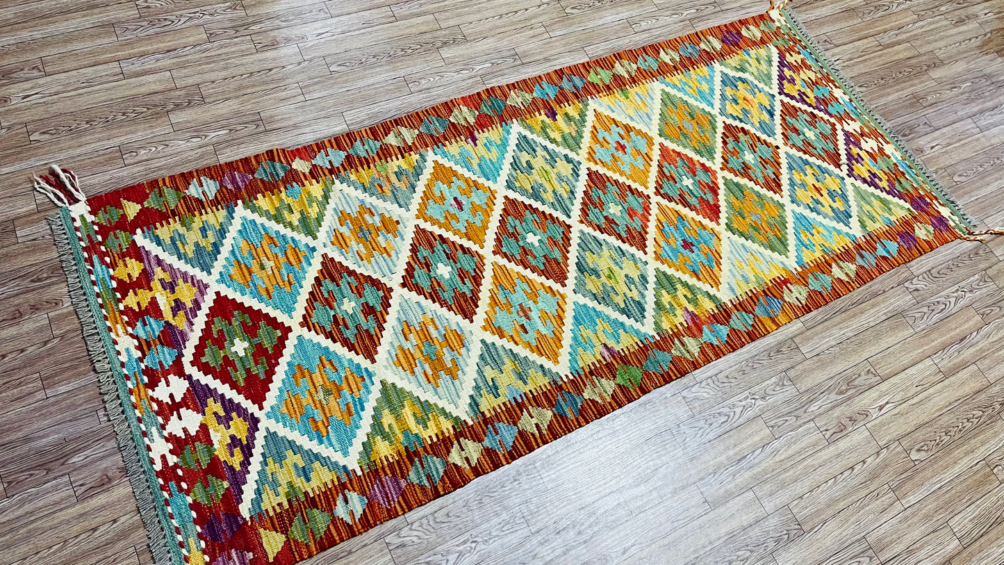 Colorful, Handwoven, Fine Afghan Maimana Kilim - Reversible Runner Rug - 6’ 0’’ x 2’ 7’’