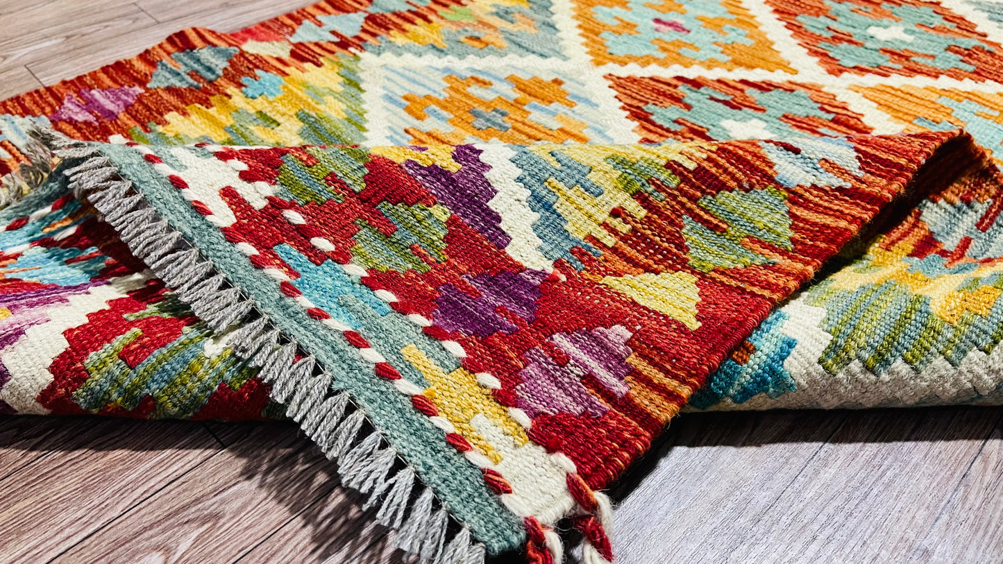 Colorful, Handwoven, Fine Afghan Maimana Kilim - Reversible Runner Rug - 6’ 0’’ x 2’ 7’’