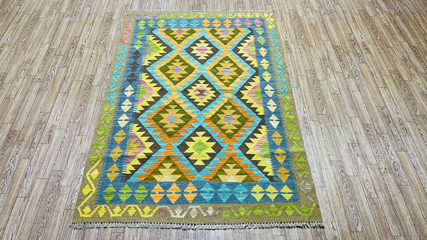 Colorful, Handwoven, Fine Afghan Maimana Kilim - Reversible Area Rug - 4’ 12’’ x 3’ 5’’