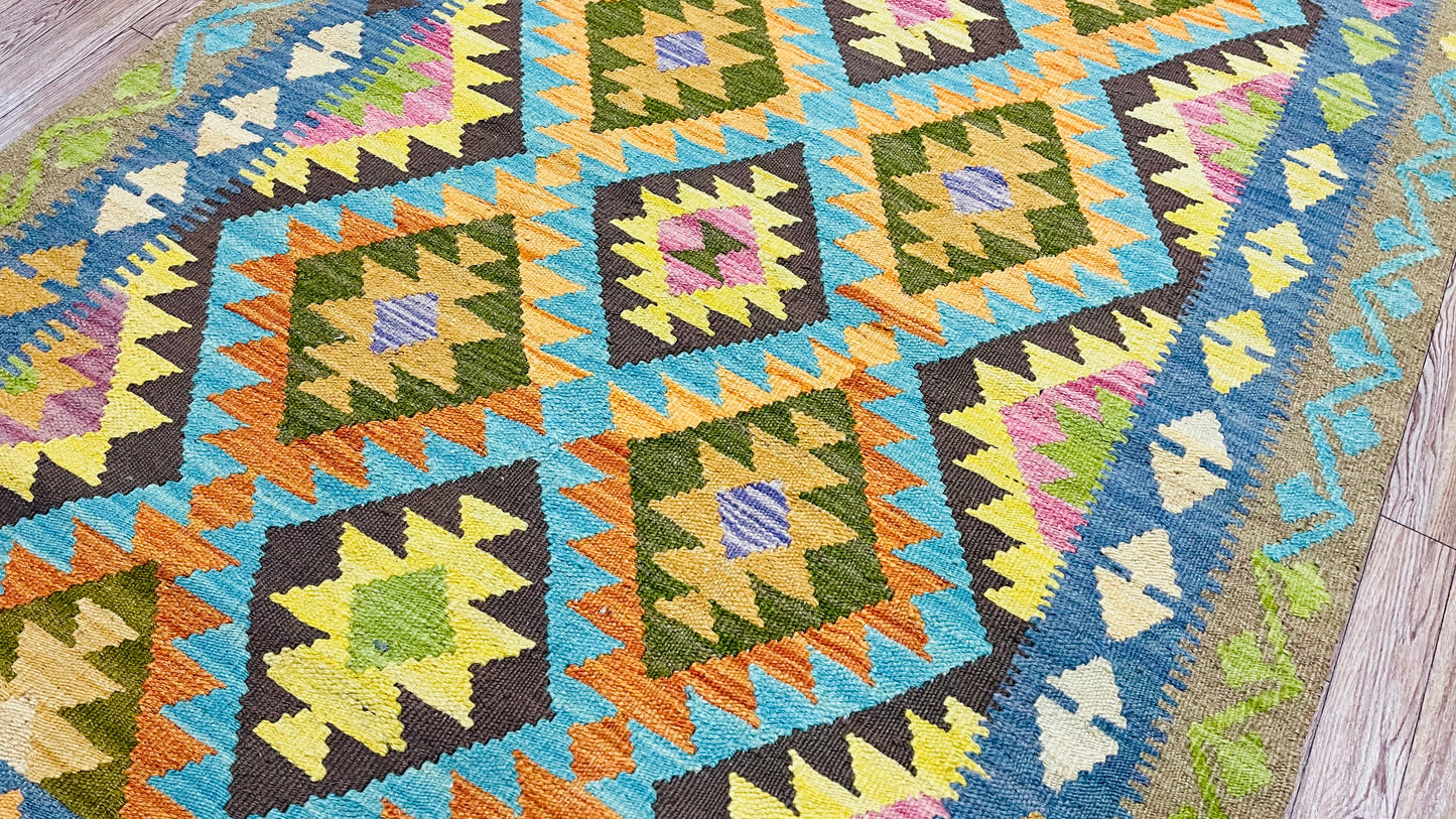 Colorful, Handwoven, Fine Afghan Maimana Kilim - Reversible Area Rug - 4’ 12’’ x 3’ 5’’