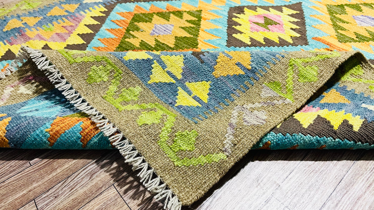 Colorful, Handwoven, Fine Afghan Maimana Kilim - Reversible Area Rug - 4’ 12’’ x 3’ 5’’