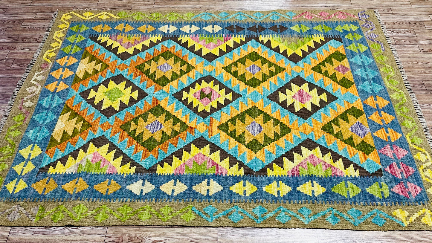 Colorful, Handwoven, Fine Afghan Maimana Kilim - Reversible Area Rug - 4’ 12’’ x 3’ 5’’