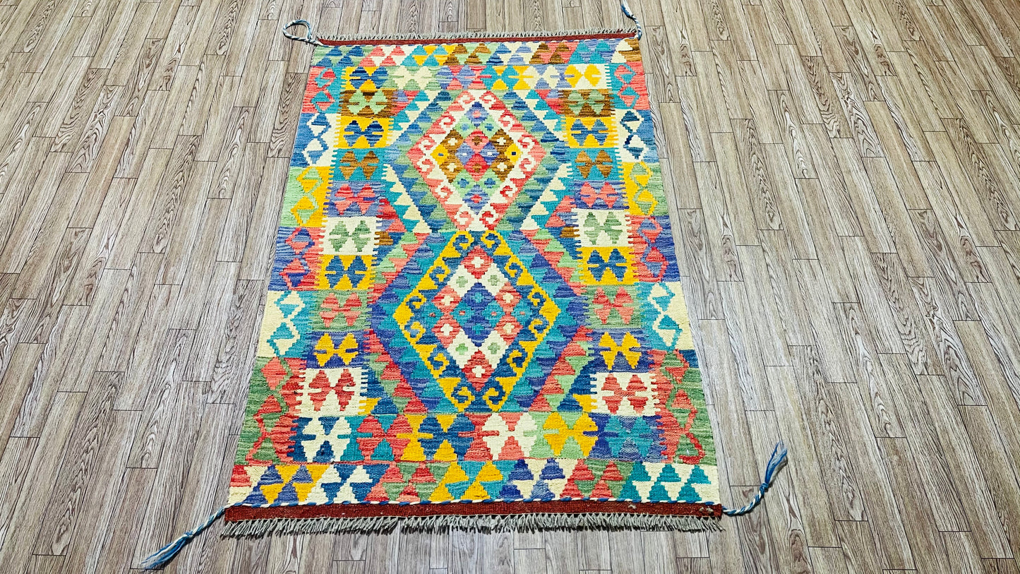 Colorful, Handwoven, Fine Afghan Maimana Kilim - Reversible Area Rug - 4’ 1’’ x 2’ 8’’