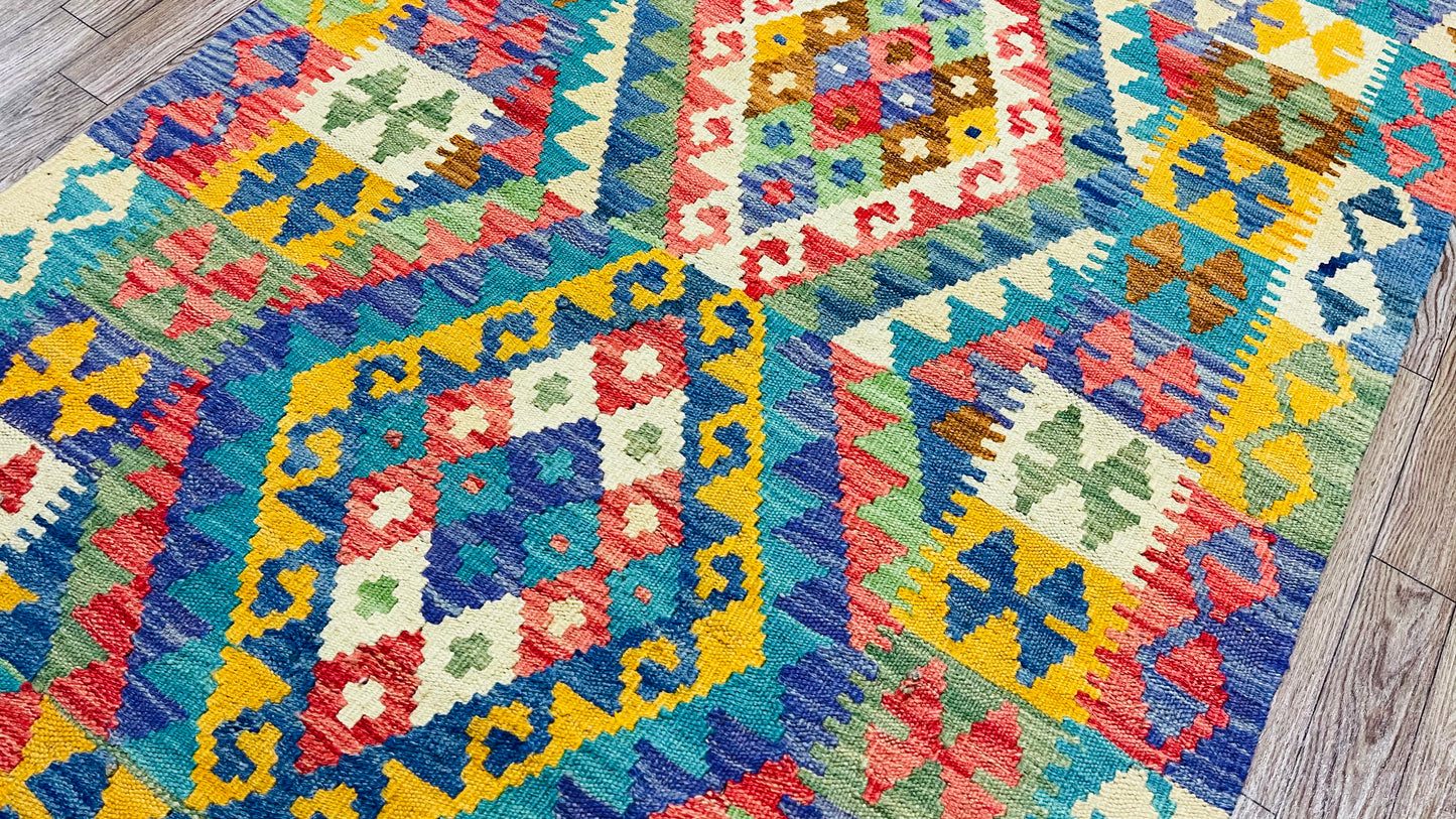 Colorful, Handwoven, Fine Afghan Maimana Kilim - Reversible Area Rug - 4’ 1’’ x 2’ 8’’