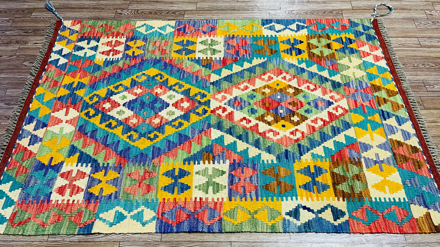 Colorful, Handwoven, Fine Afghan Maimana Kilim - Reversible Area Rug - 4’ 1’’ x 2’ 8’’