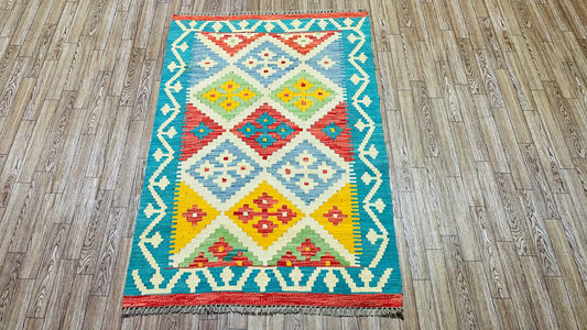 Colorful, Handwoven, Fine Afghan Maimana Kilim - Reversible Area Rug - 3’ 11’’ x 2’ 7’’