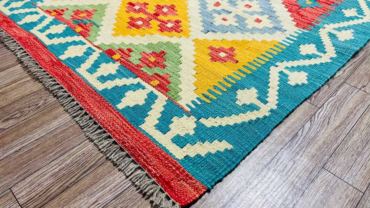 Colorful, Handwoven, Fine Afghan Maimana Kilim - Reversible Area Rug - 3’ 11’’ x 2’ 7’’