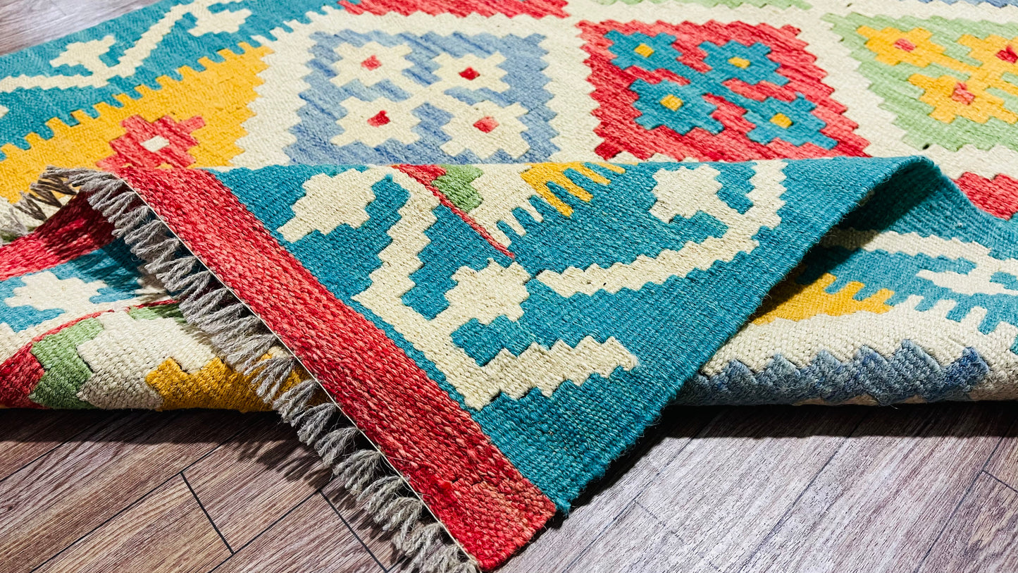 Colorful, Handwoven, Fine Afghan Maimana Kilim - Reversible Area Rug - 3’ 11’’ x 2’ 7’’