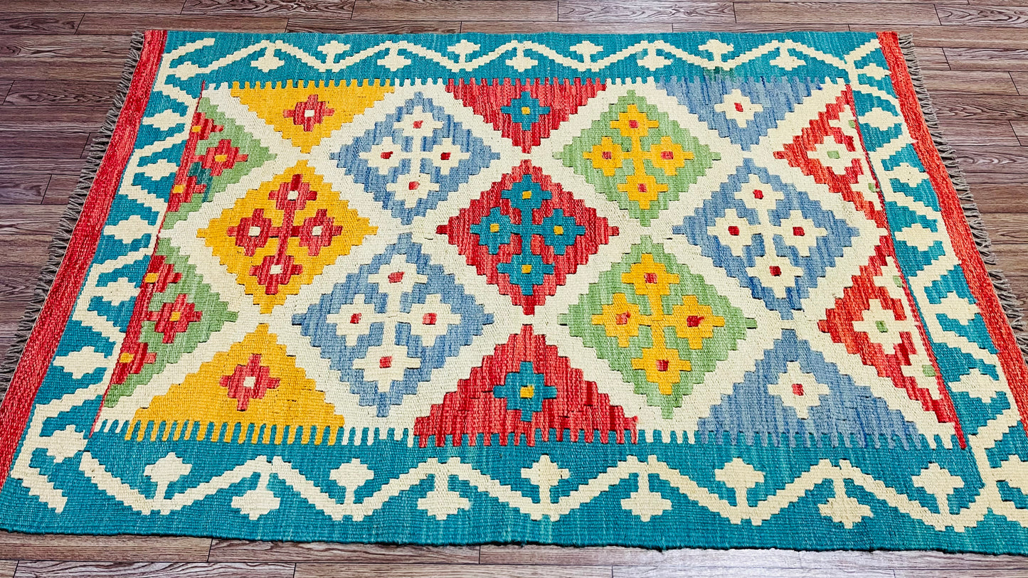 Colorful, Handwoven, Fine Afghan Maimana Kilim - Reversible Area Rug - 3’ 11’’ x 2’ 7’’