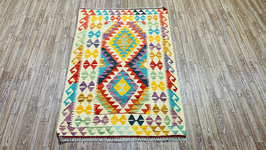 Colorful, Handwoven, Fine Afghan Maimana Kilim - Reversible Area Rug - 4’ 3’’ x 2’ 10’’