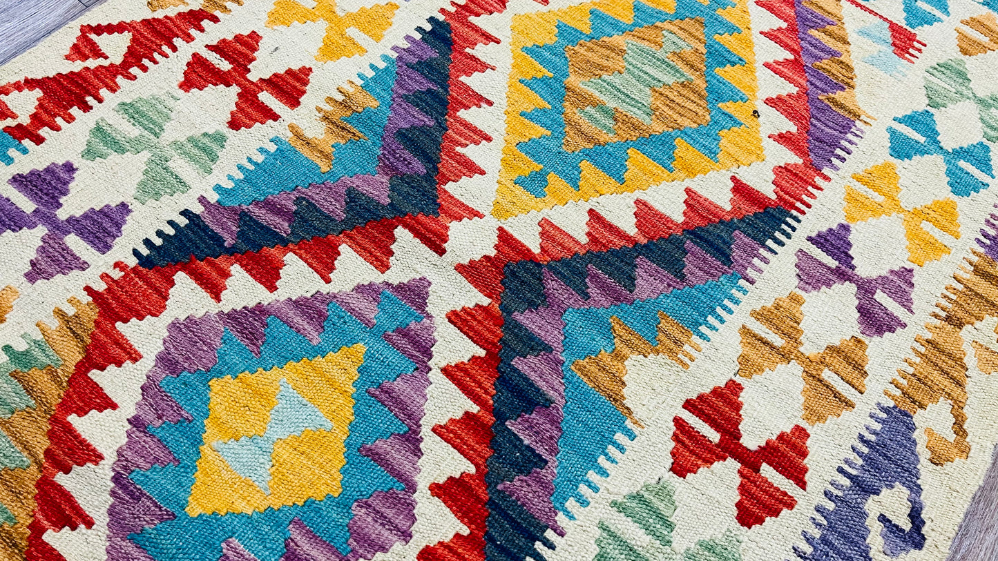 Colorful, Handwoven, Fine Afghan Maimana Kilim - Reversible Area Rug - 4’ 3’’ x 2’ 10’’