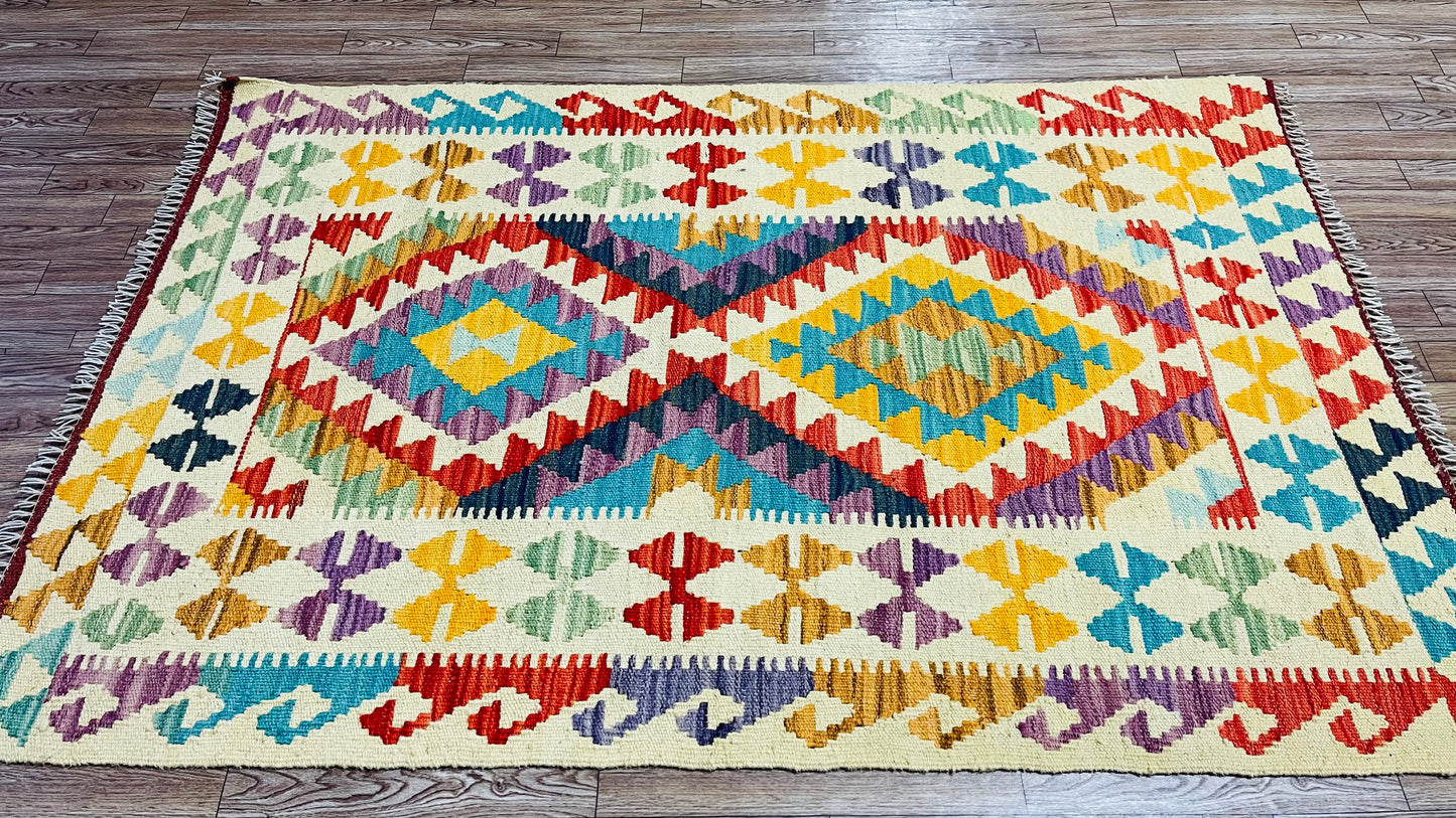 Colorful, Handwoven, Fine Afghan Maimana Kilim - Reversible Area Rug - 4’ 3’’ x 2’ 10’’