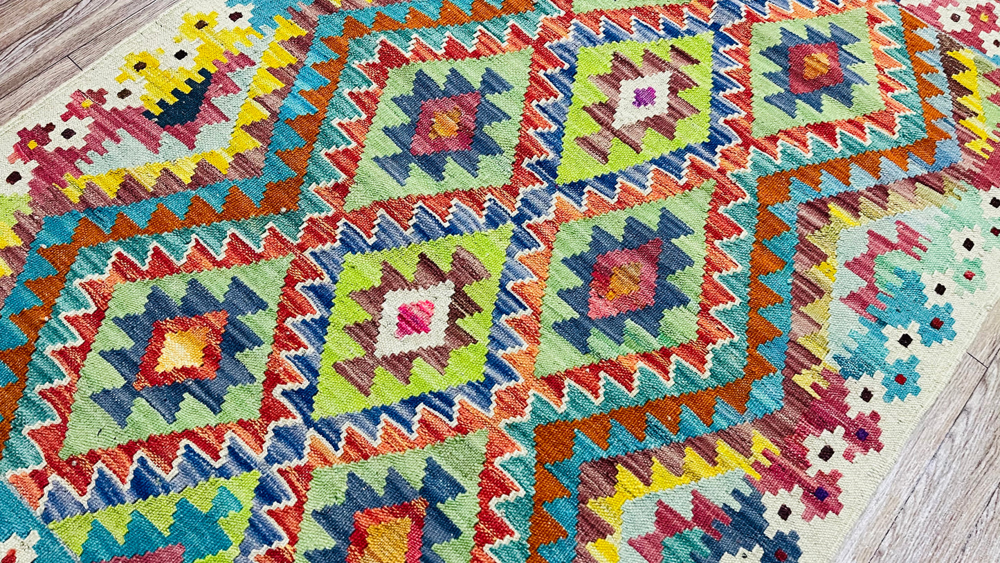 Colorful, Handwoven, Fine Afghan Maimana Kilim - Reversible Area Rug - 4’ 1’’ x 2’ 8’’