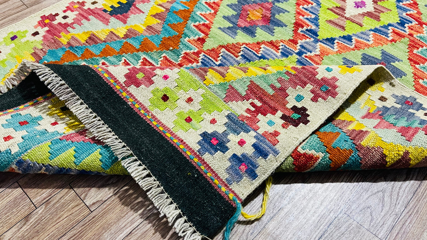 Colorful, Handwoven, Fine Afghan Maimana Kilim - Reversible Area Rug - 4’ 1’’ x 2’ 8’’