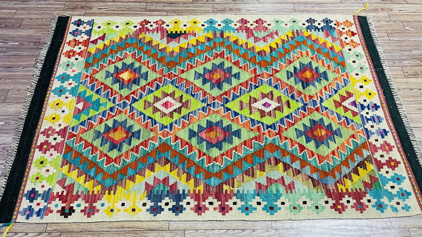 Colorful, Handwoven, Fine Afghan Maimana Kilim - Reversible Area Rug - 4’ 1’’ x 2’ 8’’