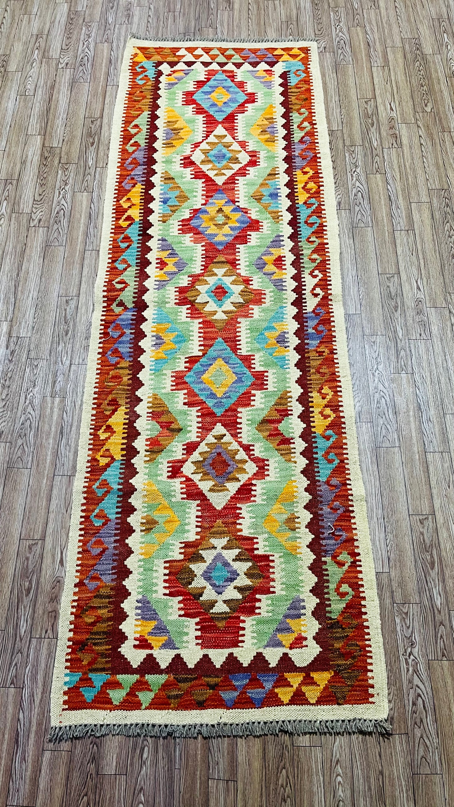 Colorful, Handwoven, Fine Afghan Maimana Kilim - Reversible Runner Rug - 6’ 3’’ x 2’ 0’’