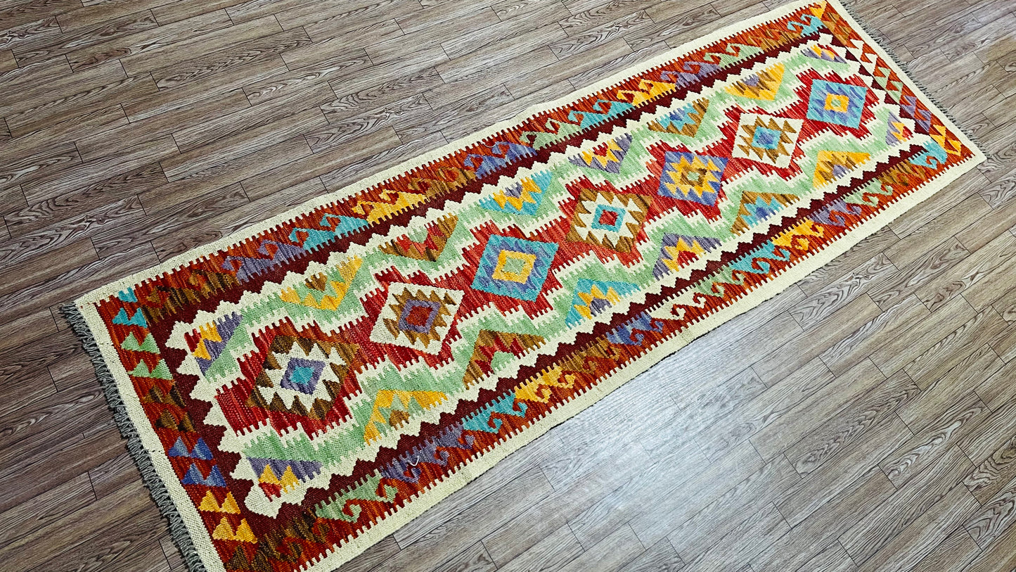 Colorful, Handwoven, Fine Afghan Maimana Kilim - Reversible Runner Rug - 6’ 3’’ x 2’ 0’’