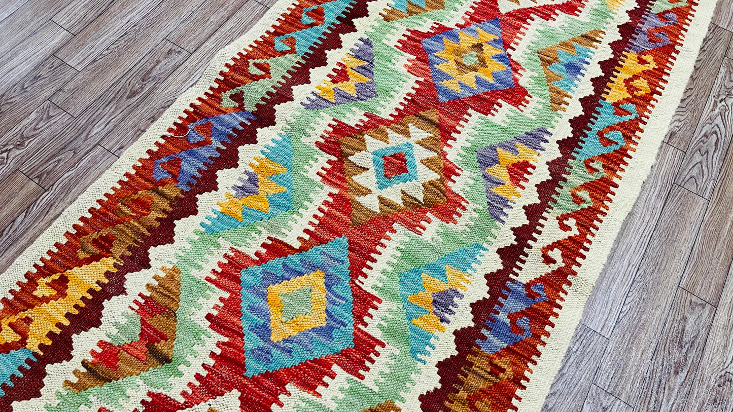 Colorful, Handwoven, Fine Afghan Maimana Kilim - Reversible Runner Rug - 6’ 3’’ x 2’ 0’’