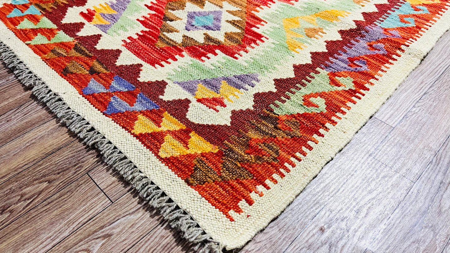 Colorful, Handwoven, Fine Afghan Maimana Kilim - Reversible Runner Rug - 6’ 3’’ x 2’ 0’’