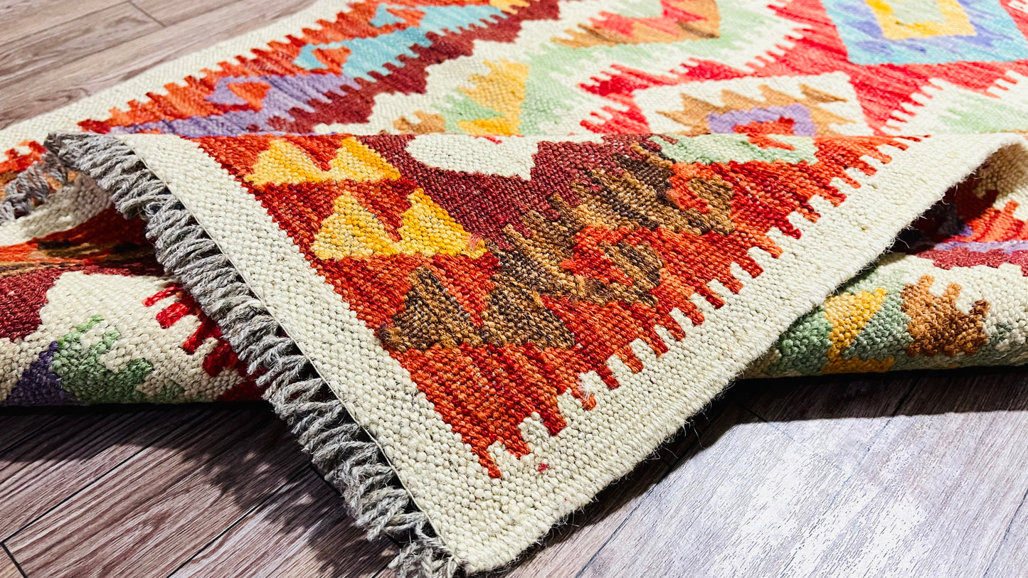 Colorful, Handwoven, Fine Afghan Maimana Kilim - Reversible Runner Rug - 6’ 3’’ x 2’ 0’’