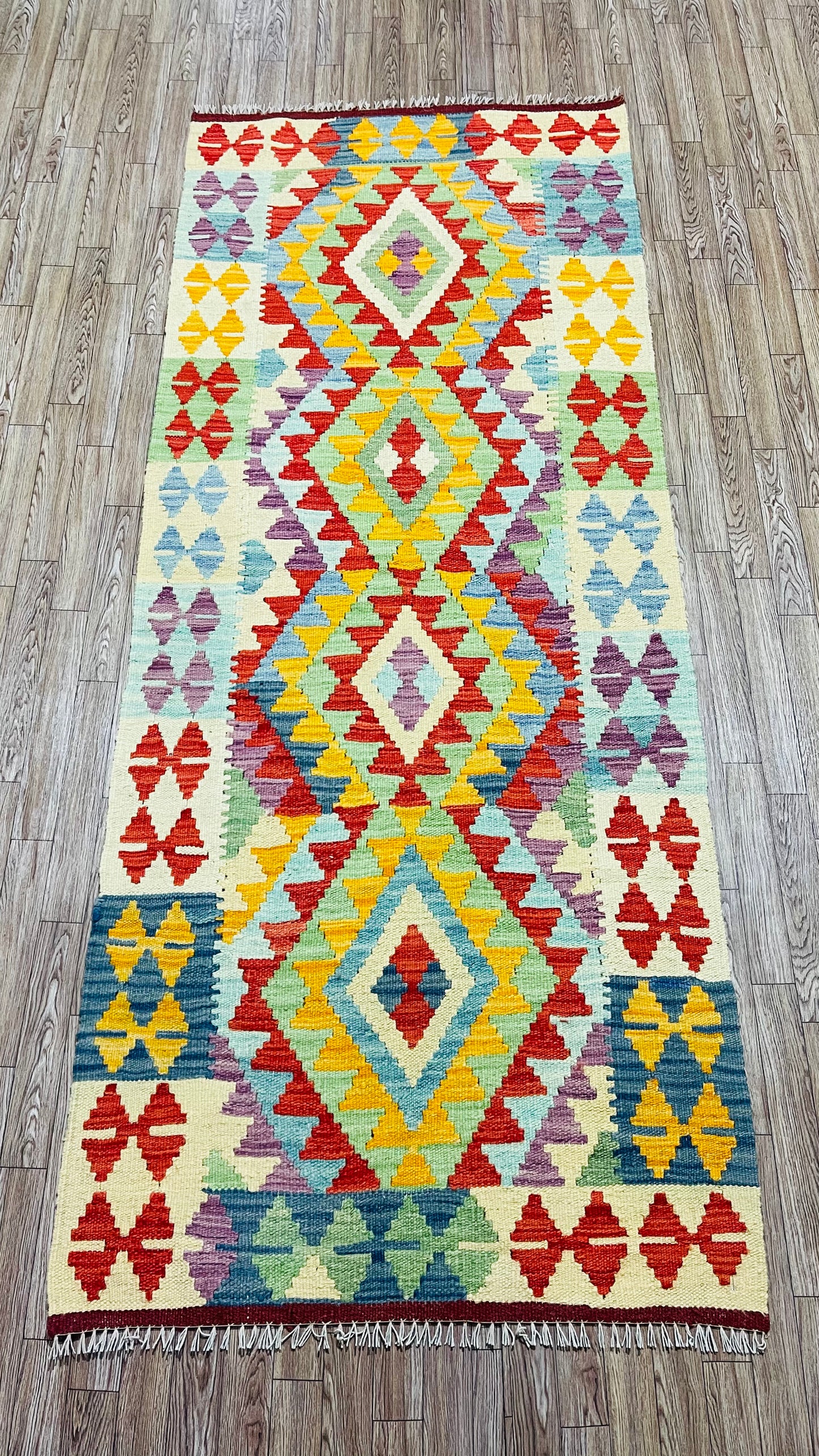 Colorful, Handwoven, Fine Afghan Maimana Kilim - Reversible Runner Rug - 6’ 4’’ x 2’ 6’’