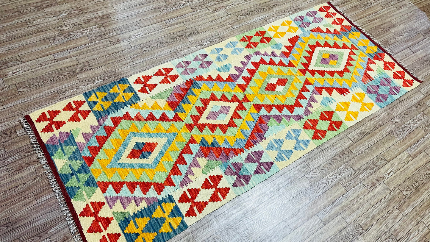 Colorful, Handwoven, Fine Afghan Maimana Kilim - Reversible Runner Rug - 6’ 4’’ x 2’ 6’’