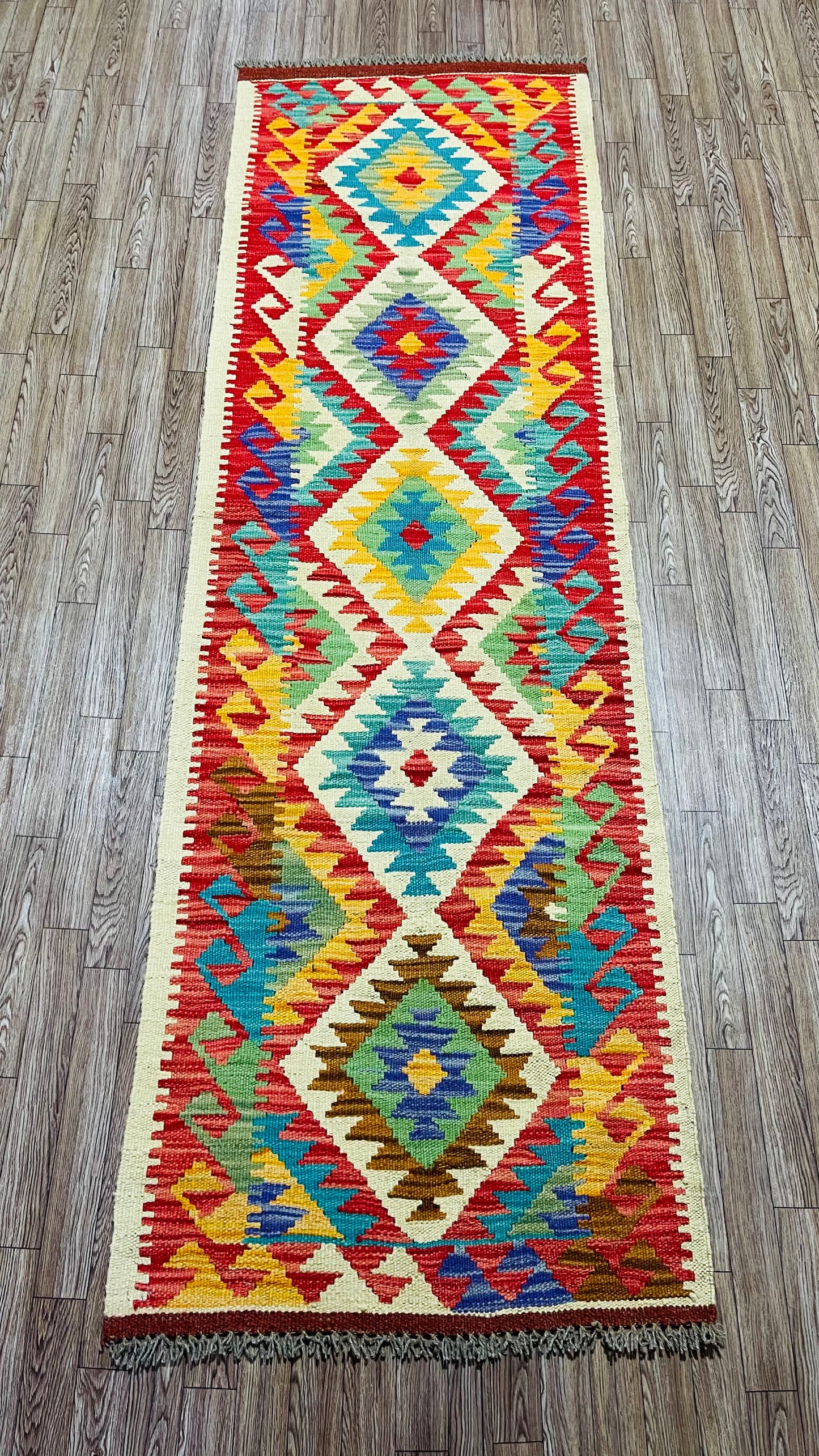 Colorful, Handwoven, Fine Afghan Maimana Kilim - Reversible Runner Rug - 6’ 7’’ x 1’ 12’’