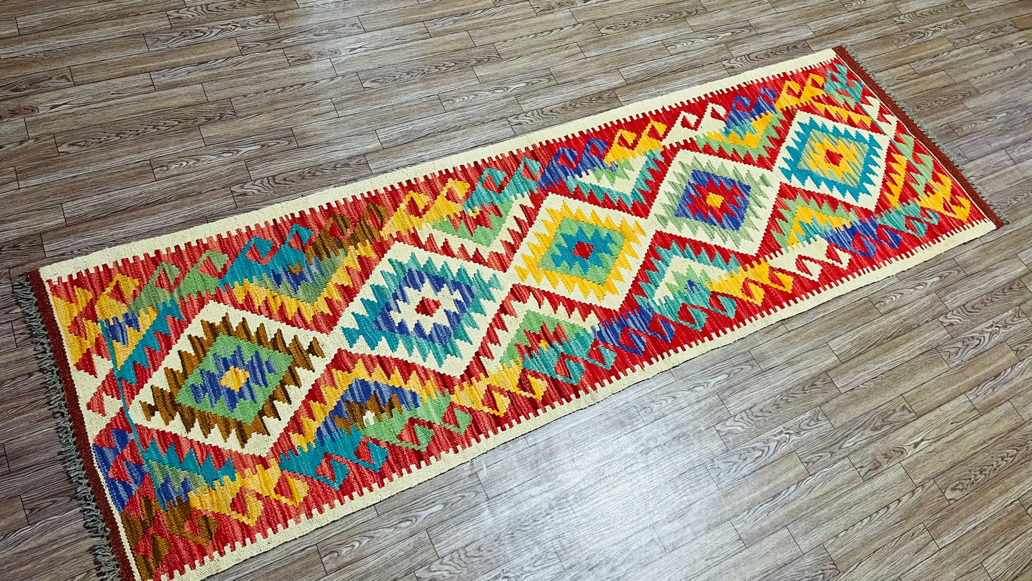 Colorful, Handwoven, Fine Afghan Maimana Kilim - Reversible Runner Rug - 6’ 7’’ x 1’ 12’’