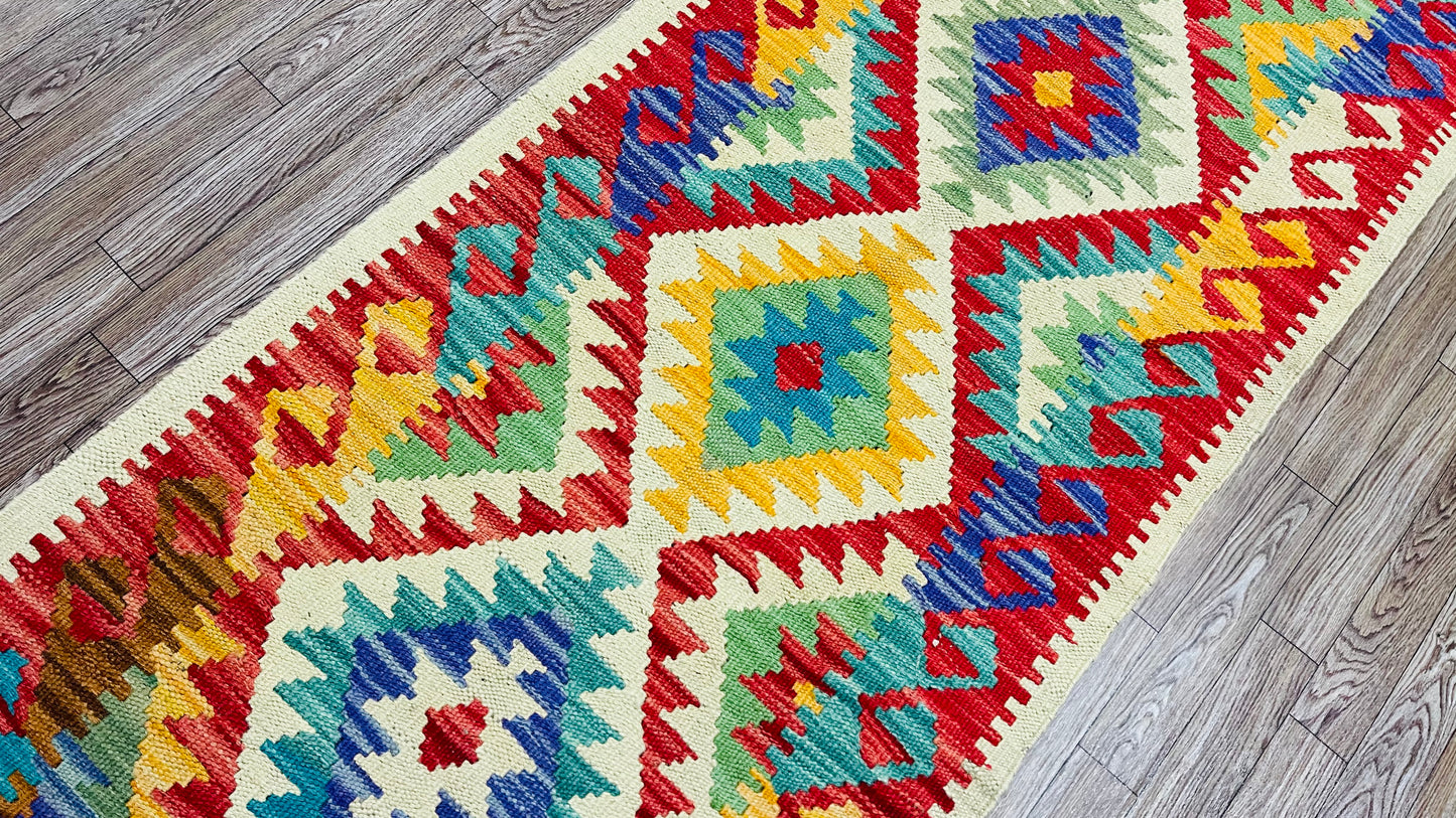 Colorful, Handwoven, Fine Afghan Maimana Kilim - Reversible Runner Rug - 6’ 7’’ x 1’ 12’’