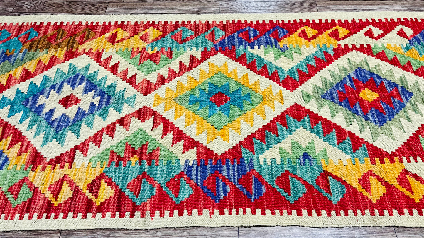 Colorful, Handwoven, Fine Afghan Maimana Kilim - Reversible Runner Rug - 6’ 7’’ x 1’ 12’’