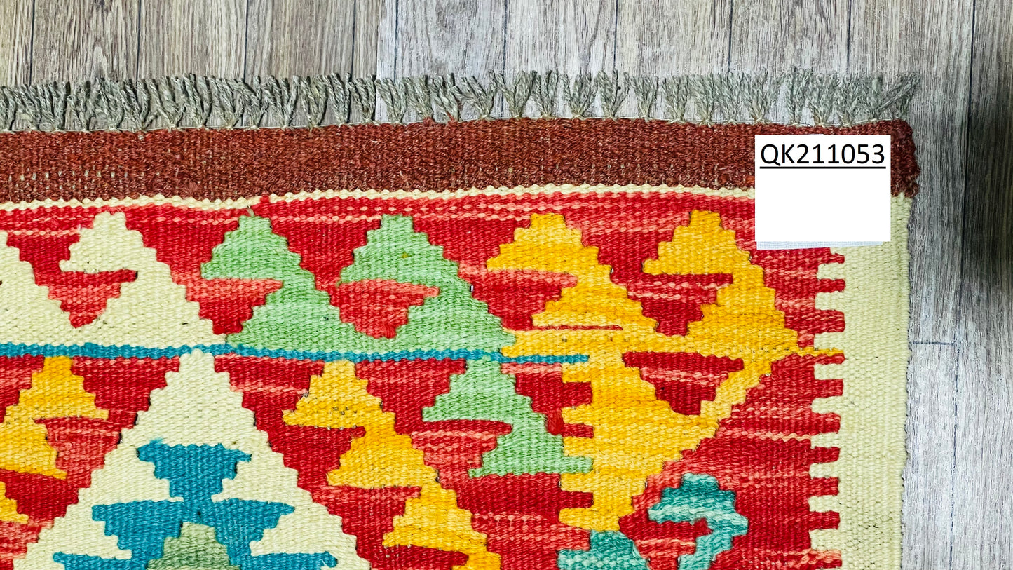 Colorful, Handwoven, Fine Afghan Maimana Kilim - Reversible Runner Rug - 6’ 7’’ x 1’ 12’’