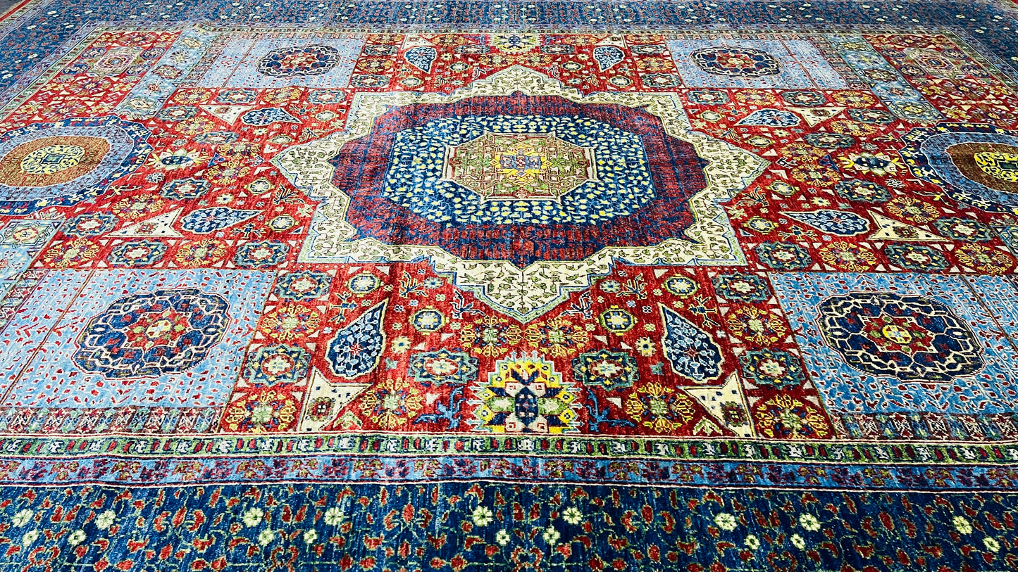 One of a Kind, Pure Wool, Naturally Dyed, Hand Knotted, Fine Afghan Tribal Mamluk Area Rug – 13’ 8’’ x 9’ 12’’