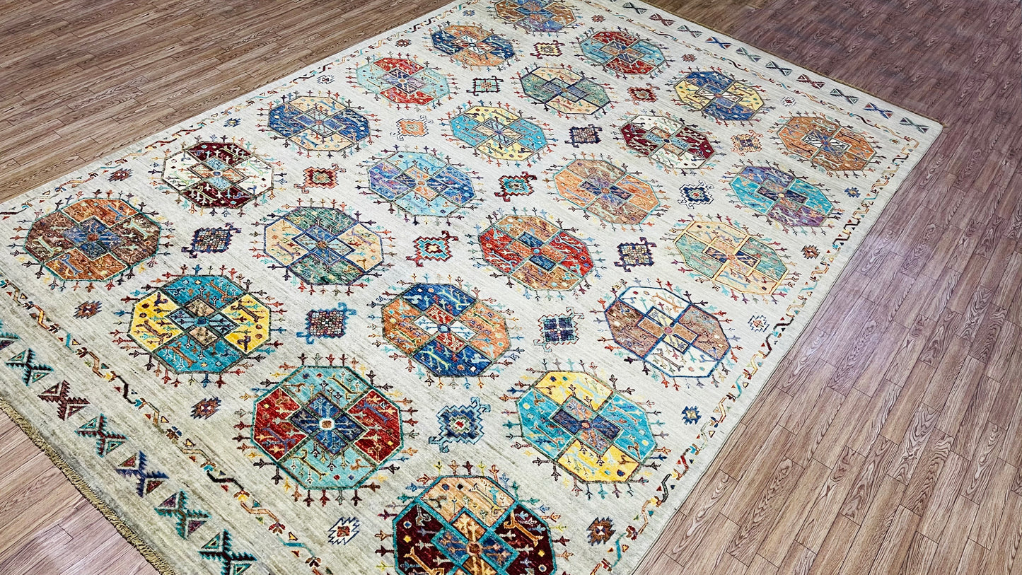 One of a Kind, Pure Wool, Naturally Dyed, Hand Knotted, Fine Afghan Traditional Feel Pai Area Rug – 10’ 2’’ x 6’ 8’’