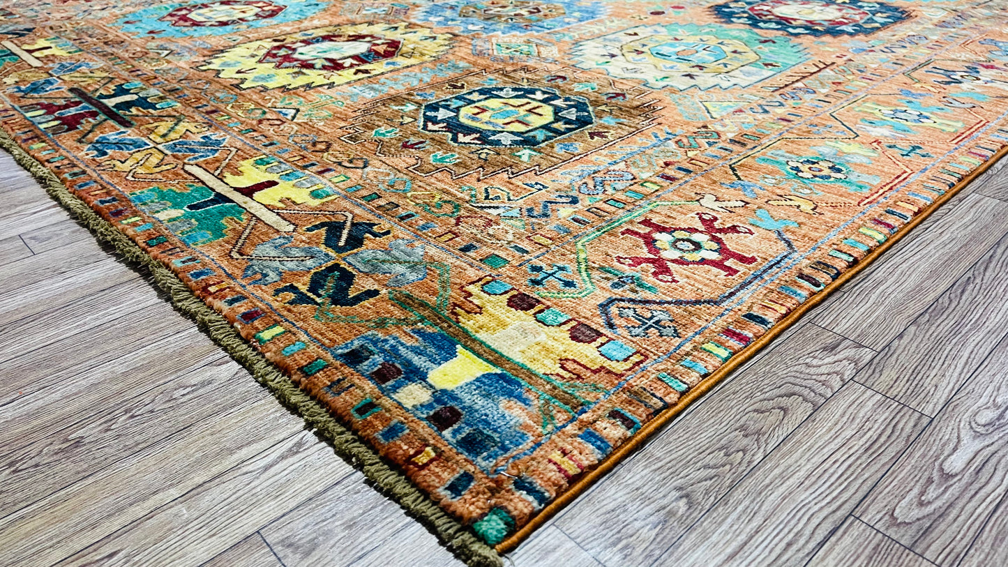 One of a Kind, Pure Wool, Naturally Dyed, Hand Knotted, Fine Afghan Traditional Waziri Area Rug – 8’ 0’’ x 5’ 9’’